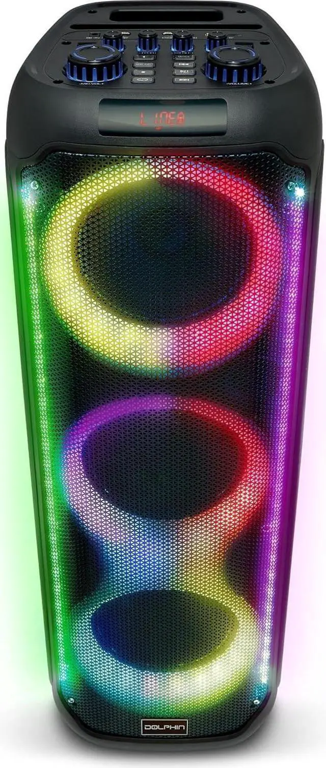 Alt view image 3 of 7 - Dolphin KaraokeBox 380: Triple 8" Bluetooth Party Speaker  Powerful Sound System, Long-Lasting Rechargeable Battery, LED Lights, 35-Inch Tall, Portable Design, AUX/USB/TF/Bluetooth Connectivity