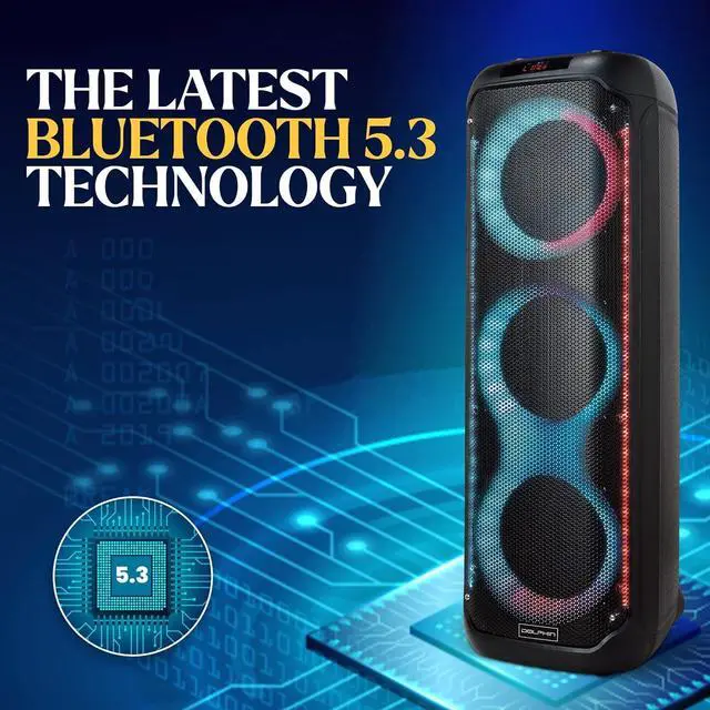 Alt view image 5 of 7 - Dolphin KaraokeBox 380: Triple 8" Bluetooth Party Speaker  Powerful Sound System, Long-Lasting Rechargeable Battery, LED Lights, 35-Inch Tall, Portable Design, AUX/USB/TF/Bluetooth Connectivity
