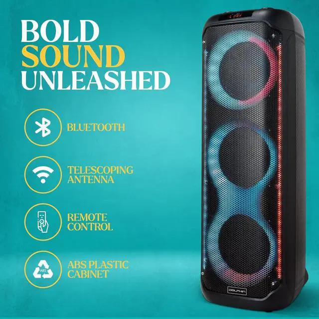 Alt view image 6 of 7 - Dolphin KaraokeBox 380: Triple 8" Bluetooth Party Speaker  Powerful Sound System, Long-Lasting Rechargeable Battery, LED Lights, 35-Inch Tall, Portable Design, AUX/USB/TF/Bluetooth Connectivity