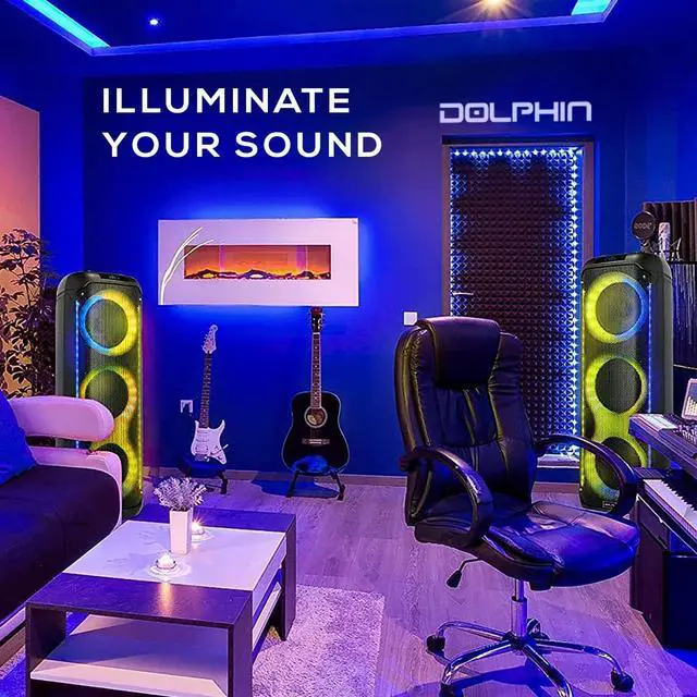 Alt view image 7 of 7 - Dolphin KaraokeBox 380: Triple 8" Bluetooth Party Speaker  Powerful Sound System, Long-Lasting Rechargeable Battery, LED Lights, 35-Inch Tall, Portable Design, AUX/USB/TF/Bluetooth Connectivity