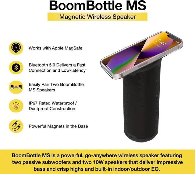 Alt view image 2 of 7 - Scosche BTMSMSC1 BoomBottle MS MagSafe Magnetic Bluetooth Speaker - Portable Wireless Magnetic Speakers for Devices, Bikes, Golf Carts, and More - Waterproof speaker with Integrated MagicMount - Black
