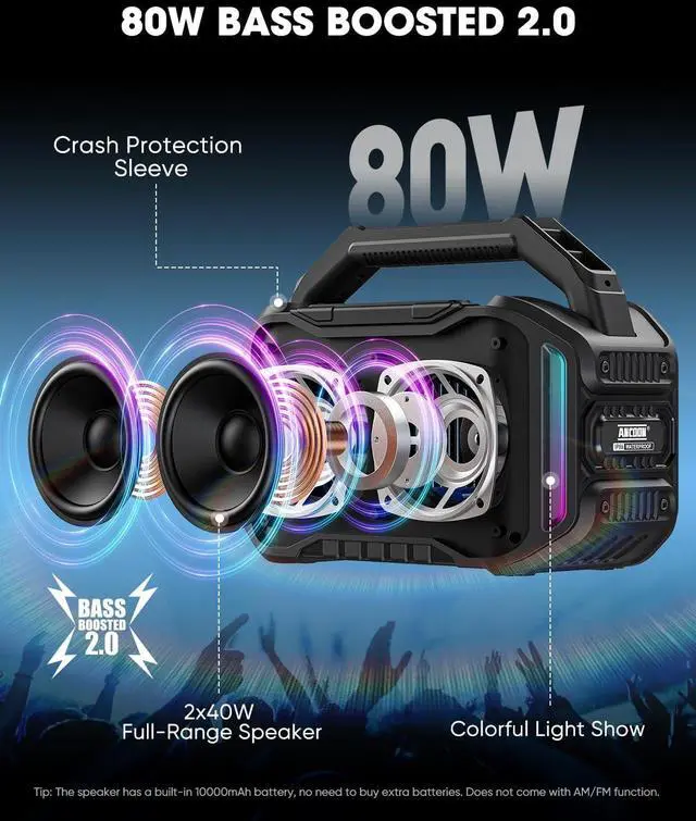 Alt view image 2 of 7 - Speakers Bluetooth Wireless: 80W(Peak) Loud Speaker with Bass, 20H Playtime, IPX6 Waterproof, Large Jobsite Speakers for Work, Outdoor, Workshop, Garage, Portable Speaker with TWS (Black)