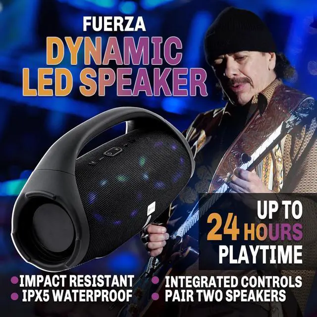 Alt view image 2 of 6 - SANTANA BY CARLOS SANTANA Bluetooth Speaker- Dynamic LED Speaker with 24 Hours Playtime, IPX5 Waterproof, Impact Resistant, Integrated Controls, Pairable for Rock Solid Sound | Fuerza | Black