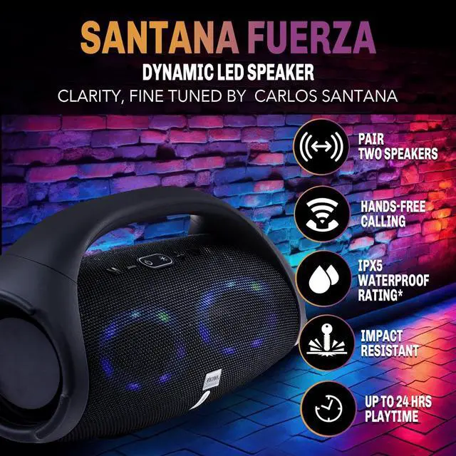 Alt view image 6 of 6 - SANTANA BY CARLOS SANTANA Bluetooth Speaker- Dynamic LED Speaker with 24 Hours Playtime, IPX5 Waterproof, Impact Resistant, Integrated Controls, Pairable for Rock Solid Sound | Fuerza | Black