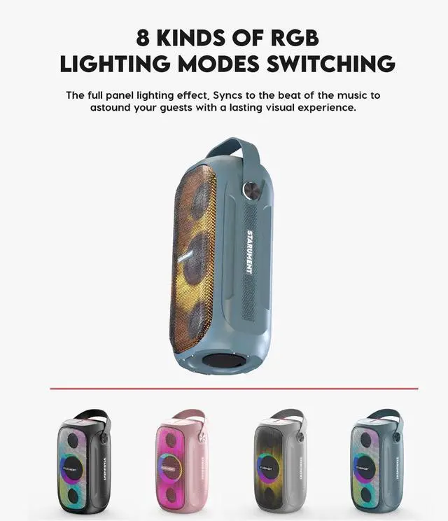 Alt view image 6 of 7 - Starument MS-PB55 Party Speaker - Wireless Portable Speaker with Loud HiFi Sound, LED Lights, Cool Unique Design - IPX5 Waterproof, Rechargeable 3600mAh Battery - Compact Home & Outdoor Travel Speaker