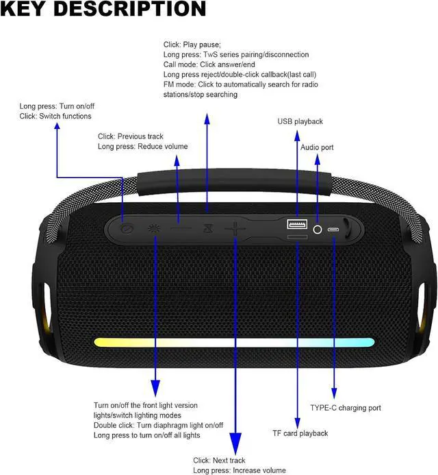 Alt view image 7 of 7 - Portable Bluetooth Speaker, Outdoor Waterproof Wireless Speaker with Colorful Flashing Lights, 20W Super Bass, TWS Pairing Suitable for Outdoor, Party, Home, Beach, Travel (Black)