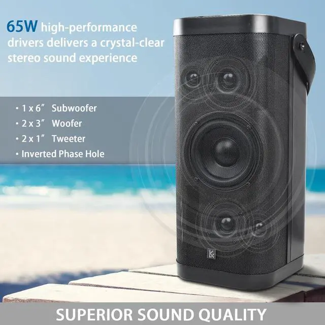 Alt view image 2 of 7 - Bluetooth Speakers, KONEX 65W Portable Wireless Speaker, Bluetooth 5.1 Heavy Bass Music Player, 3-Way System with Active Filter, 20H Long Playtime, Outdoor Speaker for Home, Office, Party, Black