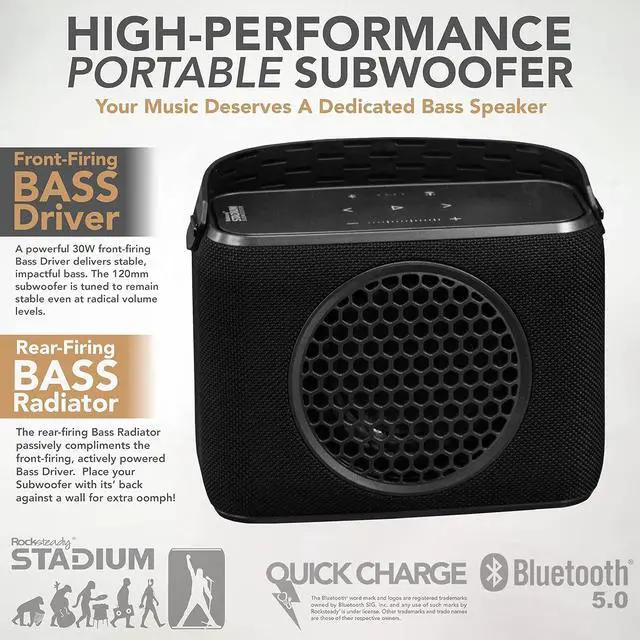 Alt view image 2 of 7 - Rocksteady Stadium Portable Bluetooth Subwoofer - Up to 100 Foot Range - Up to 30 Hour Battery Life | 1 Subwoofer