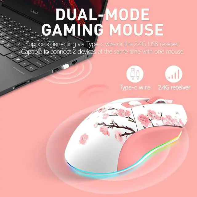 Alt view image 3 of 7 - DAREU Sakura Pink Wireless Gaming Mouse with Charging Dock Rechargeable RGB,12K DPI,6 Programmable Buttons High-Precision Sensor [300IPS] [1000Hz] for PC Notebook Mac