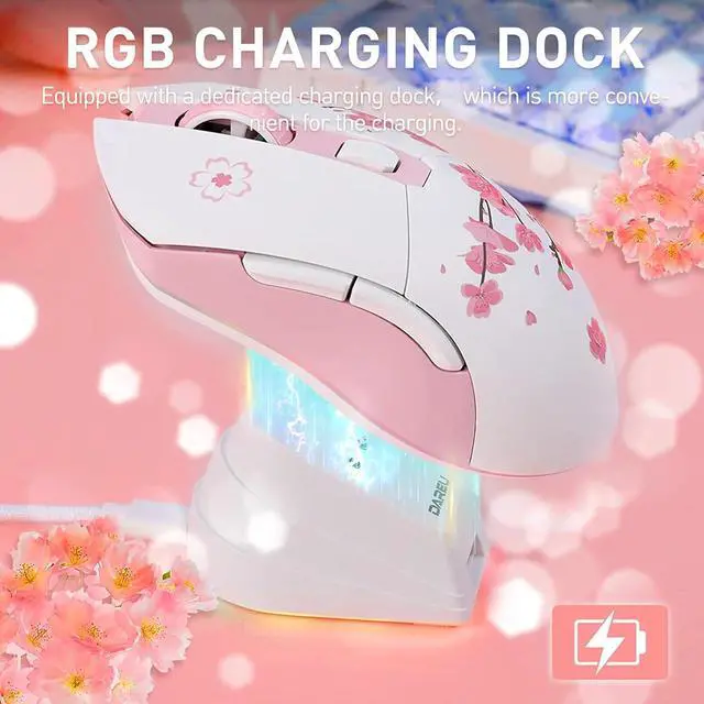 Alt view image 6 of 7 - DAREU Sakura Pink Wireless Gaming Mouse with Charging Dock Rechargeable RGB,12K DPI,6 Programmable Buttons High-Precision Sensor [300IPS] [1000Hz] for PC Notebook Mac