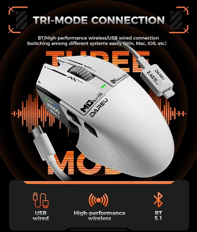 Alt view image 5 of 7 - DAREU A980PROMAX Wireless Gaming Mouse-4K/8K Polling-30K DPI Optical Sensor-0.85' TFT Color Display-Magnesium Alloy Buttons-2.4G Wireless/BT/USB Connectivity-Nano Receiver Included