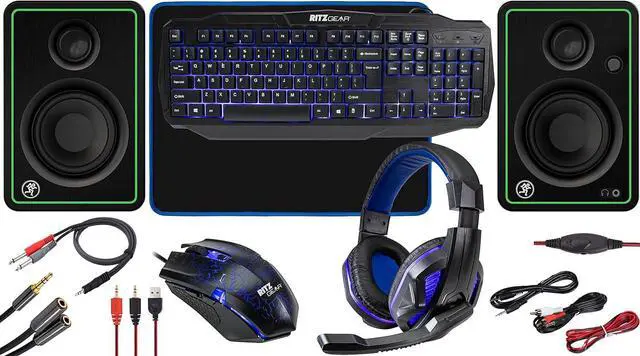 Main image of RitzGear Blue Gaming Accessories Kit I 4-in-1 LED Combo with Multimedia Keyboard, Optical Mouse, Mouse Pad & Headset with Adapter | for Windows 7+ Desktop, Laptop, Xbox & PS4 with CR4-X 4" Monitors