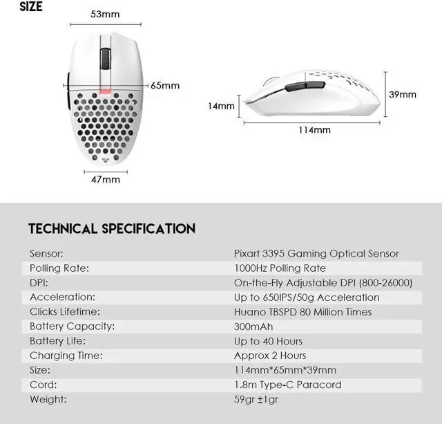 Alt view image 4 of 6 - FANTECH ARIA XD7 Wireless Gaming Mouse Pixart 3395 Gaming Sensor 26000 DPI, HUANO Switches, Super Lightweight 59 Grams and Ambidextrous Egg Shape, 3 Mode Connectivity, White