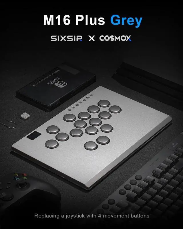 Alt view image 3 of 6 - SIXSIR Leverless Arcade Stick Gaming Controller M16+ Large & Slim Aluminum Alloy Template - 16 Key Crystal Low-profile Switches - Custom RGB Leverless Controller for PC/PS4/PS3/Switch(Grey)