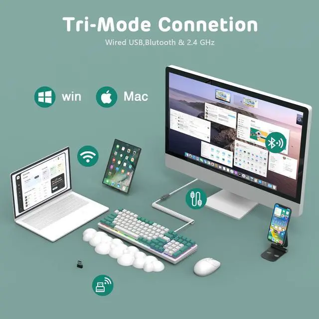 Alt view image 2 of 7 - ATTACK SHARK K6 Bluetooth Keyboard 5.0/2.4G/USB-C-96% 100 Keys Wireless Gaming Keyboard 4000mAh Battery Hot Swappable Mechanical Keyboard RGB Wire-Cloud Wrist Rest for Computer Win/Mac(Clicky Blue)