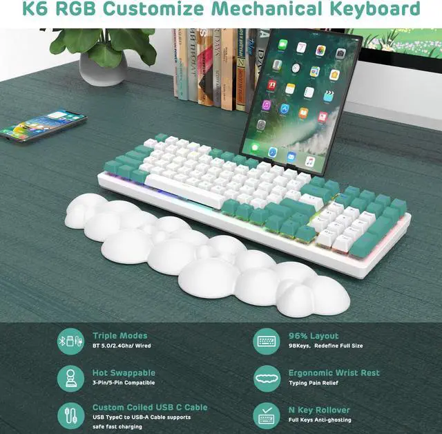 Alt view image 3 of 7 - ATTACK SHARK K6 Bluetooth Keyboard 5.0/2.4G/USB-C-96% 100 Keys Wireless Gaming Keyboard 4000mAh Battery Hot Swappable Mechanical Keyboard RGB Wire-Cloud Wrist Rest for Computer Win/Mac(Clicky Blue)