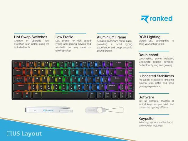 Alt view image 2 of 7 - Ranked G65 Guardian 65% | Full Aluminum Frame | Ultra Slim Hot Swappable Mechanical Gaming Keyboard | 68 Keys Multi Color RGB LED Backlit for PC/Mac Gamer (Black, Gateron Low Profile Brown)