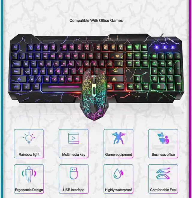 Alt view image 2 of 5 - Mechanical Keyboard and Mouse Combo Gaming Wired Keyboard USB Keyboards with Multimedia Buttons Wired Gaming Mouse for PC Gamer Computer Desktop (Color : Black Crack)