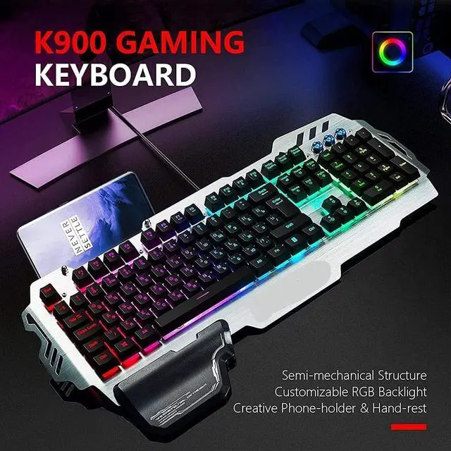 Alt view image 4 of 6 - NCRD Mechanical Keyboard and Mouse Combo RGB Gaming 104 Keys Wired USB Keyboards with Detachable Wrist Rest, for PC Gamer Computer Desktop