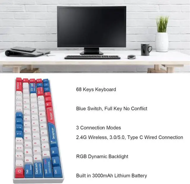 Alt view image 2 of 7 - 60% Percent Gaming Keyboard, Mechanical RGB 60 Percent Keyboard with Hot Swappable Blue Switch, 68 Keys, Tri Mode BT5.0/Type C Wired/2.4GHz Cordless Keyboard for PC Gamers