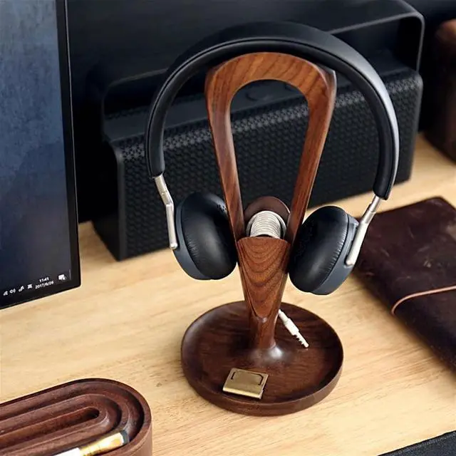 Alt view image 6 of 7 - Headphone Holder Headphone Stand, Walnut Wood Headphone Stand Headset Holder for Desk, Support Dual Headsets Suspension for PC Gaming, Office Headset Stand (Color : Brass)