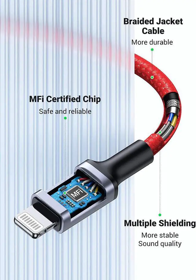 Alt view image 6 of 7 - UGREEN Headphones Adapter for Apple MFi Certified iPhone Lightning to 3.5mm Jack Converter Compatible with iPhone 13/13 mini/13 Pro/13 Pro Max/12/12 Pro Max/11 Pro Max/X/XR/XS/7/7P/8/8P, iPad 9, Red