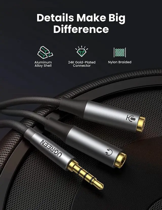 Alt view image 4 of 7 - UGREEN Headphone Splitter Headset Splitter Audio Mic Y Adapter Braided 3.5mm TRRS Male to 2 Female Cable with MIC Compatible with PS5 PS4 Xbox One Controller, Phone to Earphone, Gaming Speaker
