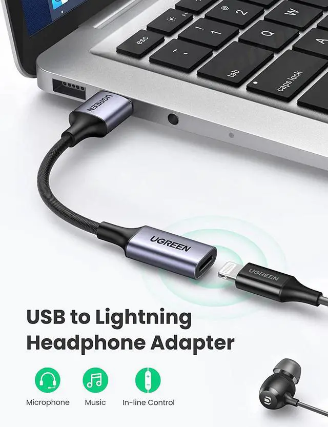 Alt view image 2 of 7 - UGREEN USB A to Lightning Audio Adapter Cable MFi Certified Nylon Braided USB 3.0 Male to Lightning Female Dongle Converter Support Volume Control Mic Compatible with MacBook Computer PC Headphone