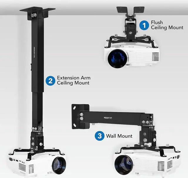 Alt view image 2 of 7 - Mount-It! Projector Ceiling Mount and Wall Mount with Adjustable Arm, Universal Projector Mount for LCD/DLP Projectors, Flush Mount Option, Built-in Cable Management, 40lb Capacity, Black