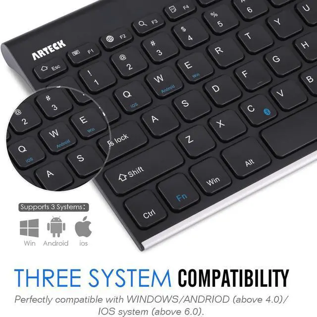 Alt view image 3 of 7 - Arteck Bluetooth Keyboard, Stainless Steel Universal Portable Wireless Bluetooth Keyboard for iOS iPad 10.2-inch, Air, Pro, Mini, Android, Windows Tablets PC Smartphone Built in Rechargeable Battery