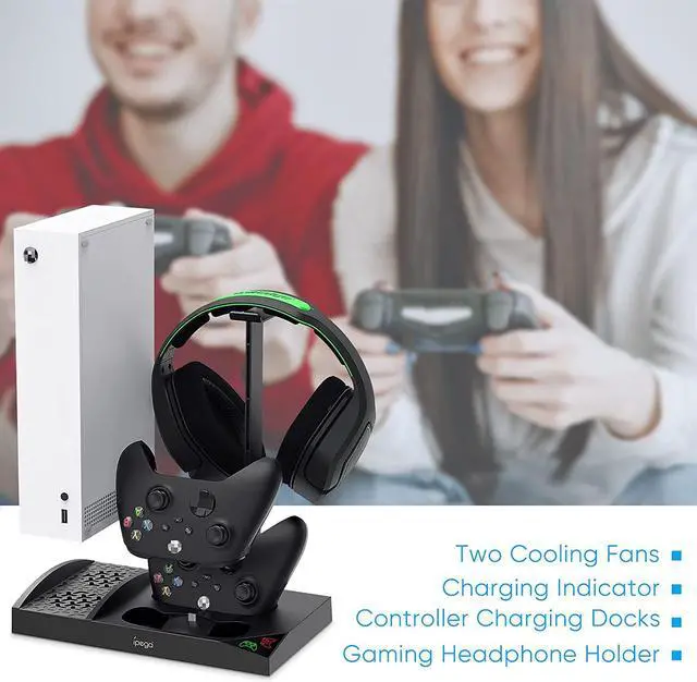 Alt view image 7 of 7 - Upgraded Cooling Fan Stand for Xbox Series S Console,Wireless Controller Dual Charging Station Dock with 2 x 1400mAh Rechargeable Batteries Packs,Headset Holder for Xbox Series S,Black