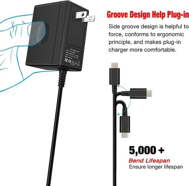 Alt view image 6 of 7 - Charger for Nintendo Switch,AC Adapter for Nintendo Switch - Fast Travel Wall Charger with 5FT USB Type C Cable 15V/2.6A Power Supply for Nintendo Switch Supports TV Mode and Dock Station