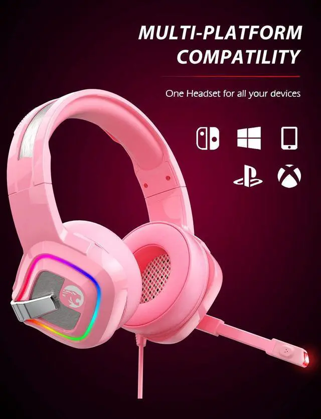 Alt view image 5 of 7 - ZIUMIER Pink Gaming Headset PS4 Headset, Xbox One Headset with Noise Canceling Mic and RGB Light, PC Headset with Stereo Surround Sound, Over-Ear Headphones for PC, PS4, PS5,Xbox One, Laptop (Pink)