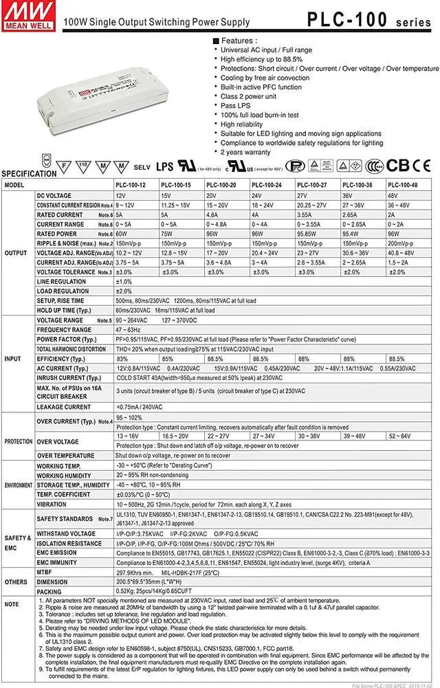 Alt view image 2 of 4 - MW Mean Well PLC-100-15 15V 5A 75W Single Output LED Power Supply with PFC
