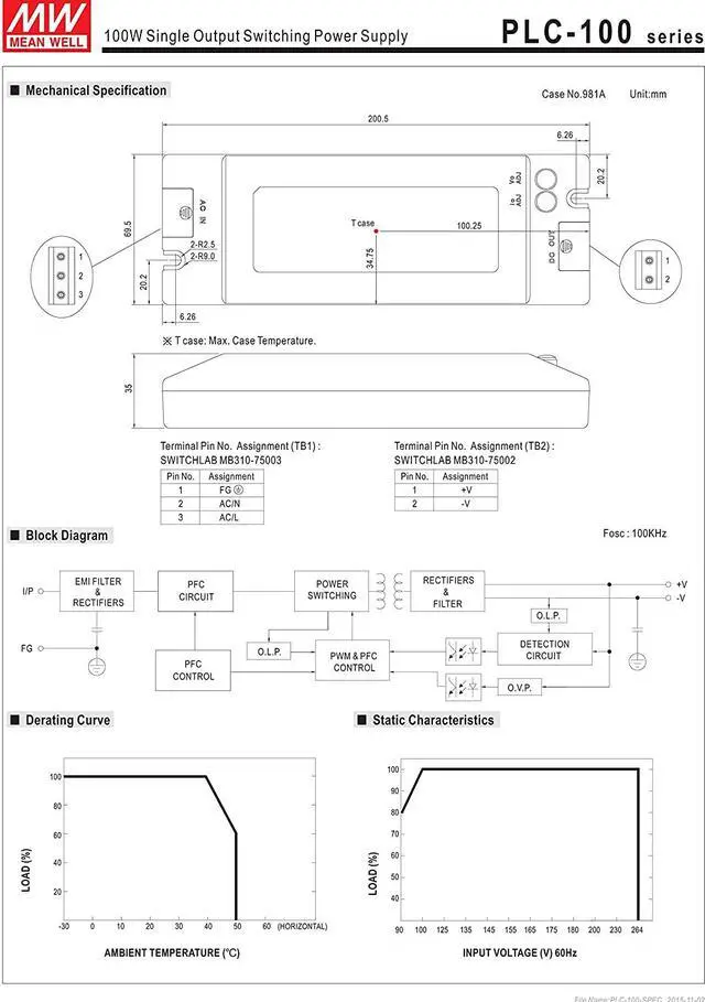 Alt view image 3 of 4 - MW Mean Well PLC-100-15 15V 5A 75W Single Output LED Power Supply with PFC