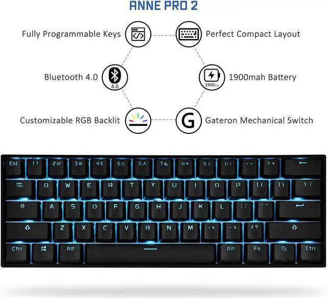Alt view image 3 of 6 - CORN Anne Pro 2 Mechanical Gaming Keyboard 60% True RGB Backlit - Wired/Wireless Bluetooth 5.0 PBT Type-c Up to 8 Hours Extended Battery Life, Full Keys Programmable (Gateron Red, Black)