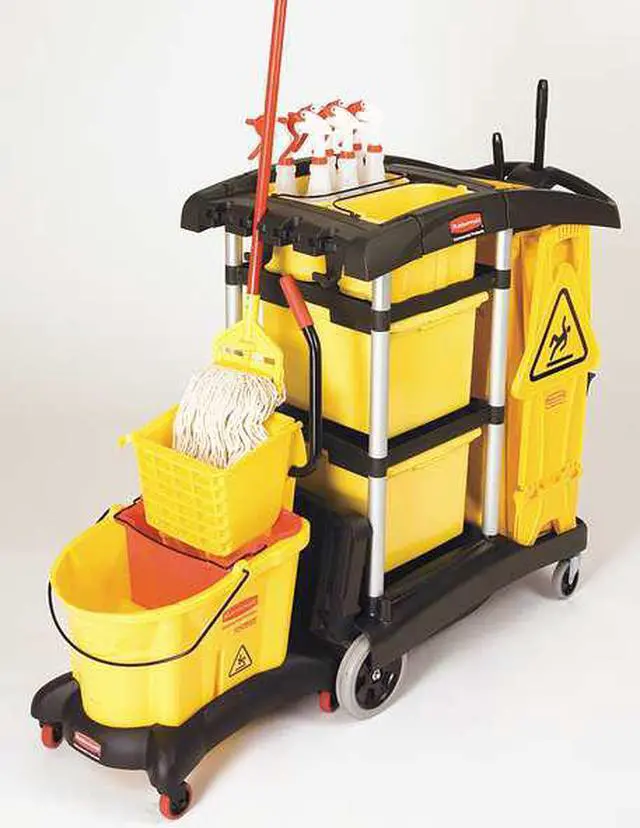 Alt view image 4 of 7 - RUBBERMAID FG9T7300BLA Microfiber Janitor Cart,Black,Plstc/Alum