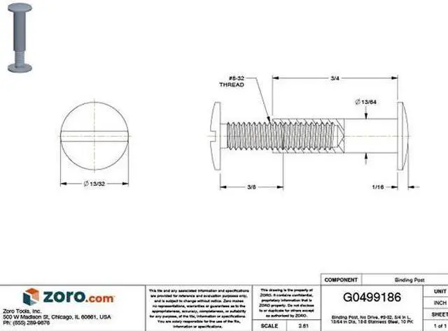 Alt view image 2 of 2 - ZORO SELECT 5MA90 Binding Barrel, #8-32, 3/4 in Brl Lg, 13/64 in Brl Dia,