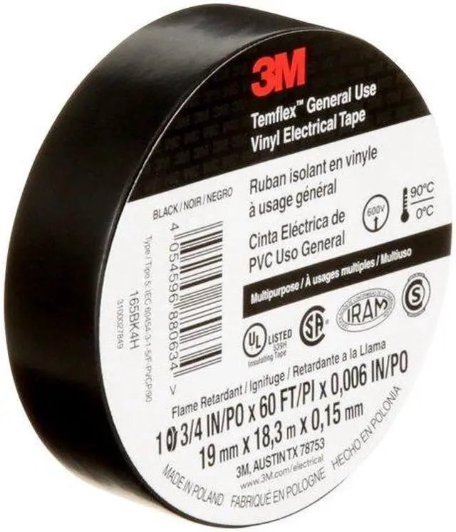 Alt view image 8 of 12 - 3M Temflex Vinyl Electrical Tape 165 Multi-purpose 3/4" X 60FT Black 10 Rolls