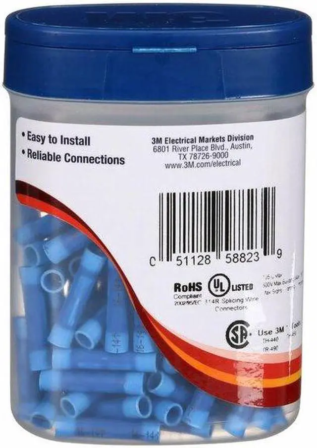 Alt view image 6 of 9 - 3M MVU14BCX Butt Splice Wire Connector, 4 AWG Max, Blue, Vinyl Insulation, 600