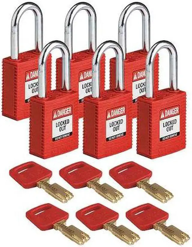 Main image of BRADY NYL-RED-38ST-KD6PK Lockout Padlock,Nylon,Red,1-13/16" H,PK6
