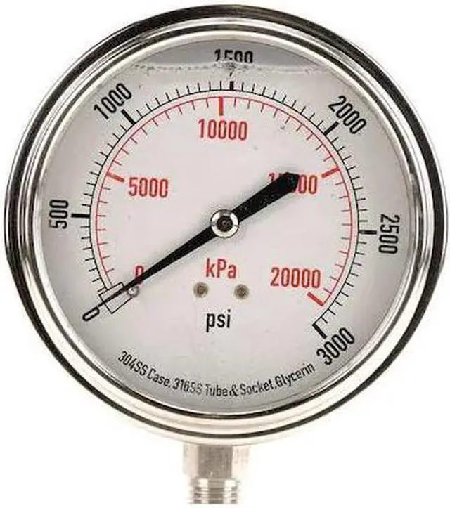 Main image of ZORO SELECT 4CFK8 Commercial Pressure Gauge, 0 to 3,000 psi, 3 1/2 in Dial, 1/4