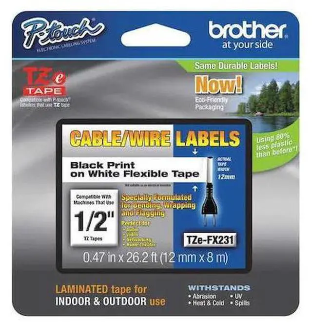 Alt view image 14 of 20 - Brother TZE-FX231 Black on White Flexible ID Tape for P-touch Label Printer, 12 mm (0.47")  x 8 m (26.20 ft.) - 1 Each
