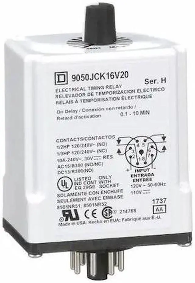 Alt view image 2 of 3 - SCHNEIDER ELECTRIC 9050JCK16V20 Time Delay Rlay, 120VAC, 10A, DPDT, 0.1 sec.,
