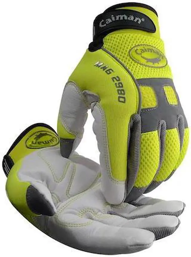 Alt view image 2 of 3 - CAIMAN 2980-6 Hi-Vis Mechanics Gloves, Goat Grain Leather Palm, XL, Yellow/White