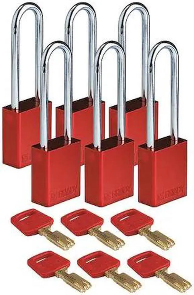 Main image of BRADY ALU-RED-76ST-KD6PK Lockout Padlock, Keyed Different, Aluminum, Red, 3 in