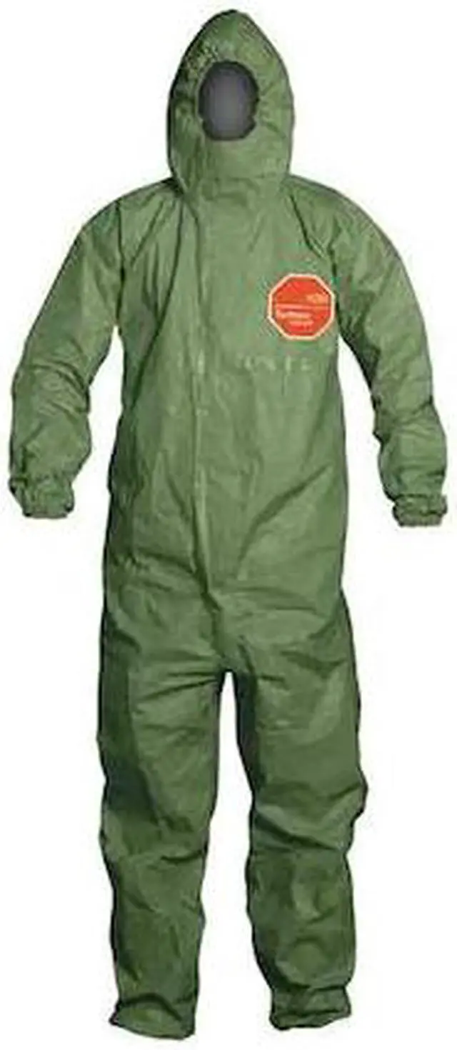 Alt view image 2 of 2 - Dupont Hooded Chemical Resistant Coveralls with Elastic Material, Green, L