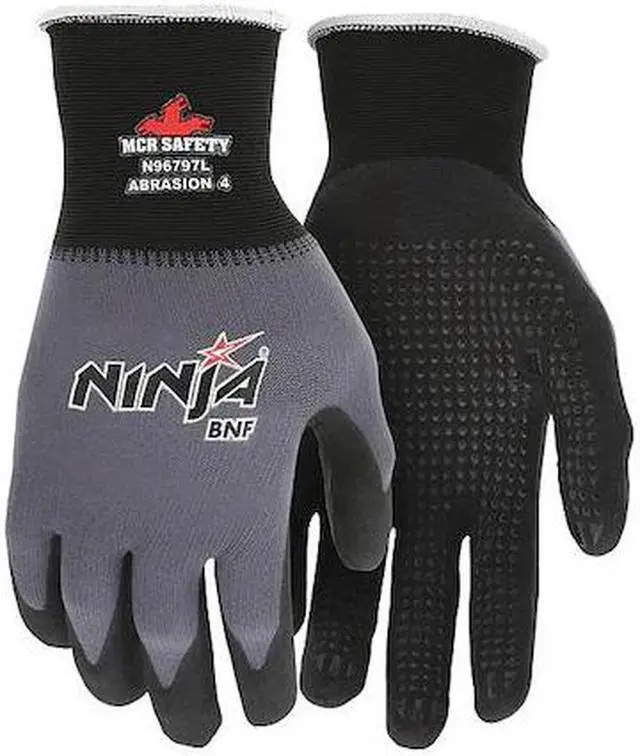 Main image of MCR SAFETY N96797M Coated Gloves, Nitrile, Flat Dip with Dots, Palm, Not Tested