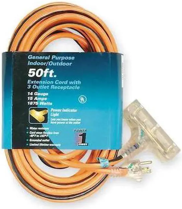Main image of ZORO SELECT 1FD66 SJTW Outdoor Extension Cord, 14 AWG 3 Outlets, 5-15R,