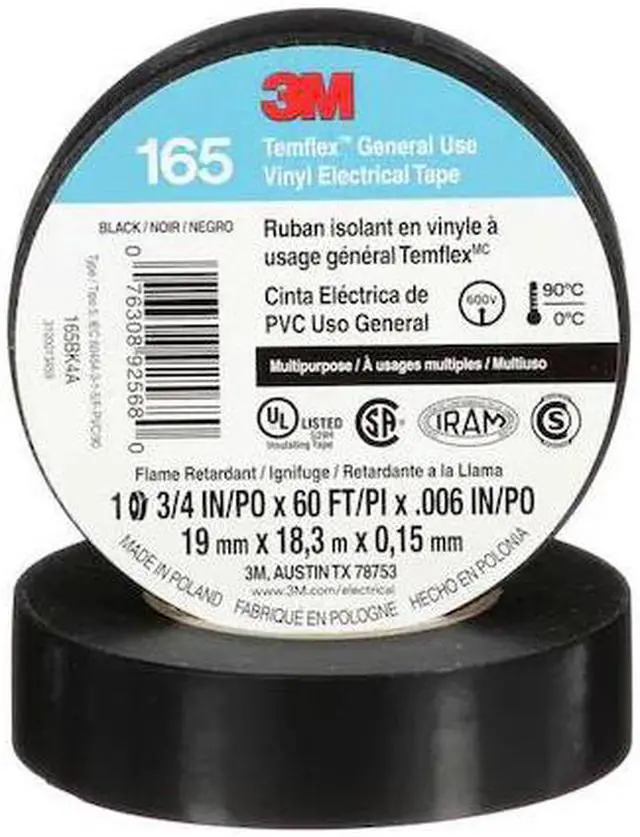 Alt view image 5 of 12 - 3M Temflex Vinyl Electrical Tape 165 Multi-purpose 3/4" X 60FT Black 10 Rolls